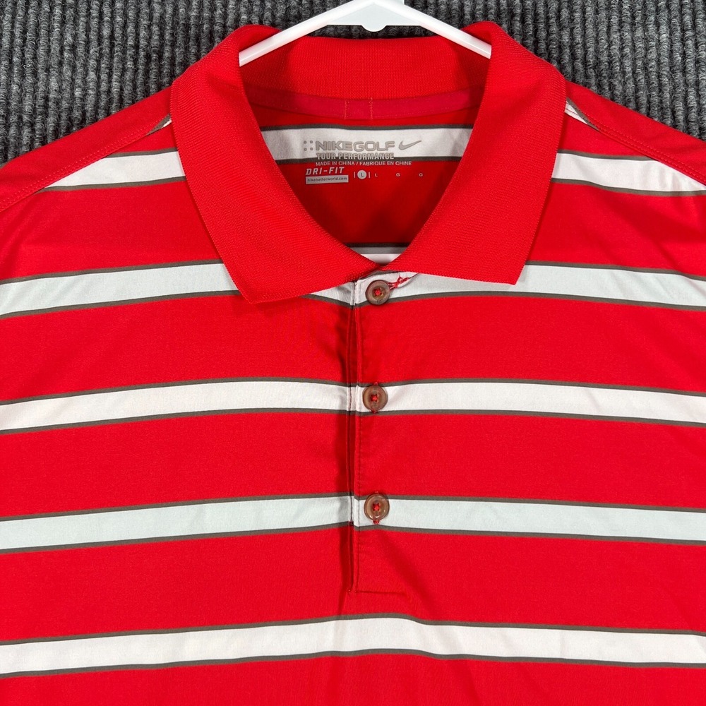 Nike Mens Shirt Polo Large Red Striped Short Sleeve Golf Waldo Casual
